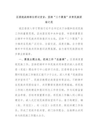 区委统战部部长研讨发言：坚持“三个聚焦”共育民族团结之花