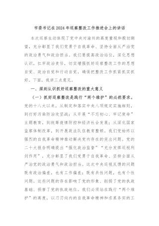 市委书记在2024年巡察整改工作推进会上的讲话