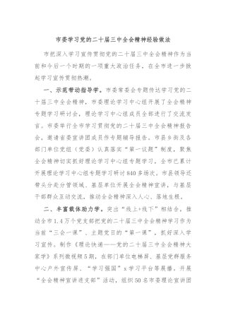 市委学习党的二十届三中全会精神经验做法