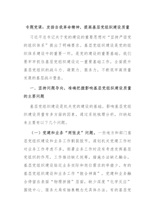 专题党课：发扬自我革命精神，提高基层党组织建设质量