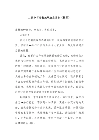 二级分行行长就职表态发言（银行）