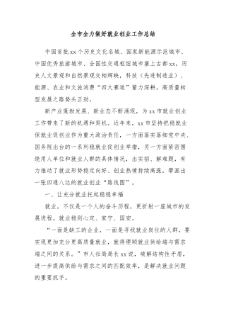 全市全力做好就业创业工作总结