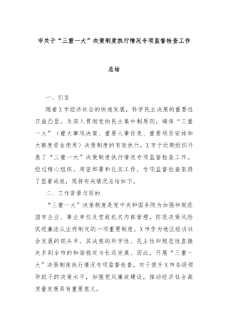 市关于“三重一大”决策制度执行情况专项监督检查工作总结