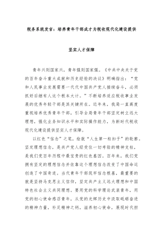 税务系统发言：培养青年干部成才为税收现代化建设提供坚实人才保障