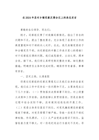 在2024年县对乡镇巡察反馈会议上的表态发言