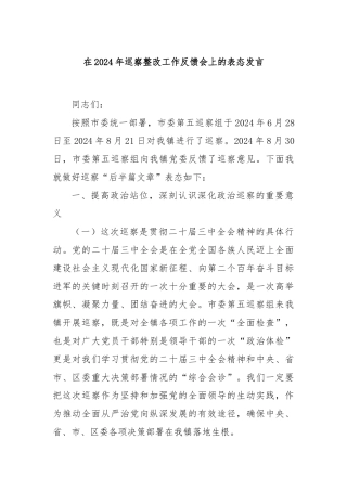 在2024年巡察整改工作反馈会上的表态发言