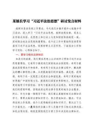 某镇长学习“习近平法治思想”研讨发言材料