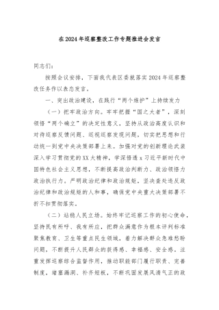 在2024年巡察整改工作专题推进会发言