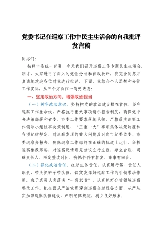 党委书记在巡察工作中民主生活会的自我批评发言稿