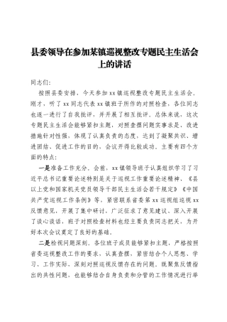 县委领导在参加某镇巡视整改专题民主生活会上的讲话