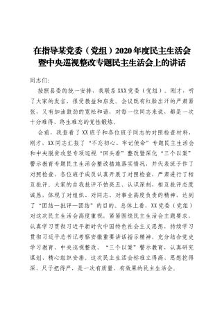 在指导某党委（党组）2020年度民主生活会暨中央巡视整改专题民主生活会上的讲话
