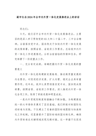 副市长在2024年全市内外贸一体化发展推进会上的讲话