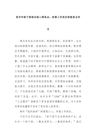 某市年轻干部培训班心得体会：珍惜工作岗位积极担当作为