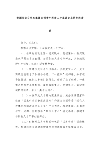 能源行业公司在集团公司青年科技人才座谈会上的交流发言