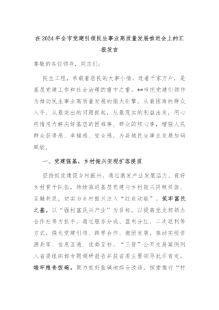 在2024年全市党建引领民生事业高质量发展推进会上的汇报发言