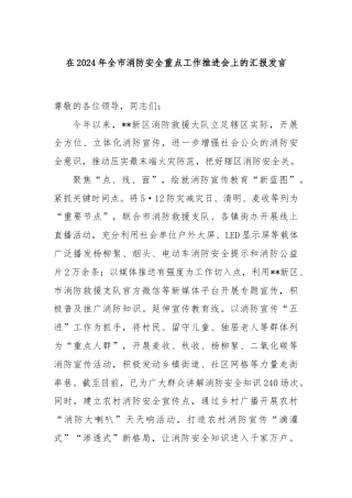 在2024年全市消防安全重点工作推进会上的汇报发言