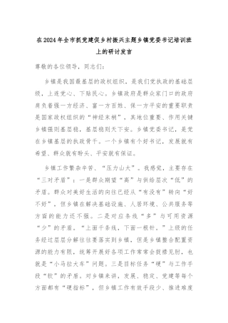 在2024年全市抓党建促乡村振兴主题乡镇党委书记培训班上的研讨发言