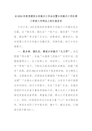 在2024年抓党建促乡村振兴工作会议暨乡村振兴工作队第三季度工作例会上的汇报发言