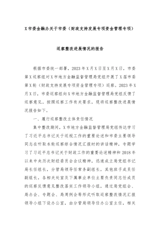 X市委金融办关于市委（财政支持发展专项资金管理专项）巡察整改进展情况的报告