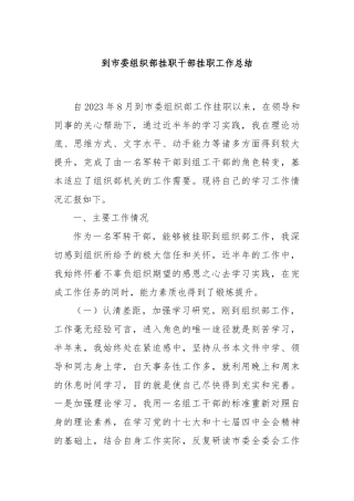 到市委组织部挂职干部挂职工作总结