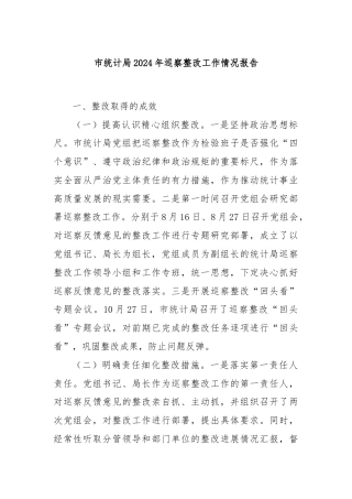 市统计局2024年巡察整改工作情况报告