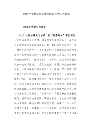 2024年党建工作总结和2025年的工作计划