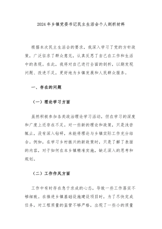 2024年乡镇党委书记民主生活会个人剖析材料