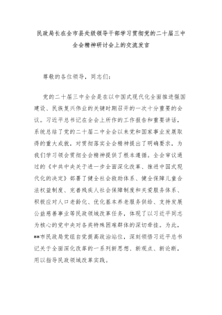 民政局长在全市县处级领导干部学习贯彻党的二十届三中全会精神研讨会上的交流发言