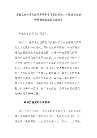 县长在全市县处级领导干部学习贯彻党的二十届三中全会精神研讨会上的交流发言