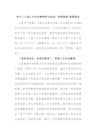 学习二十届三中全会精神研讨发言：学深悟透 抓紧抓实