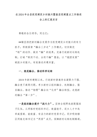 在2024年全县抓党建促乡村振兴暨基层党建重点工作推进会上的汇报发言