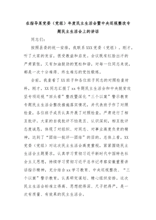在指导某党委（党组）年度民主生活会暨中央巡视整改专题民主生活会上的讲话