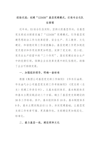 经验交流：创建“123456”基层党建模式，打造专业化队伍管理