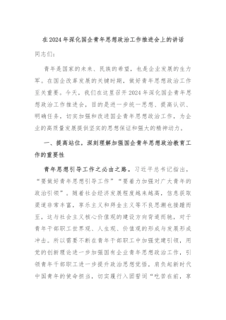 在2024年深化国企青年思想政治工作推进会上的讲话