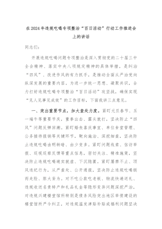 在2024年违规吃喝专项整治“百日活动”行动工作推进会上的讲话