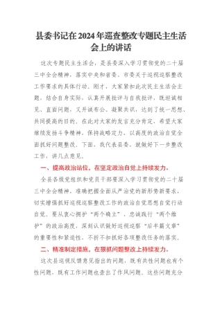县委书记在2024年巡查整改专题民主生活会上的讲话