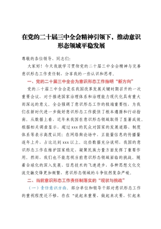 在党的二十届三中全会精神引领下，推动意识形态领域平稳发展