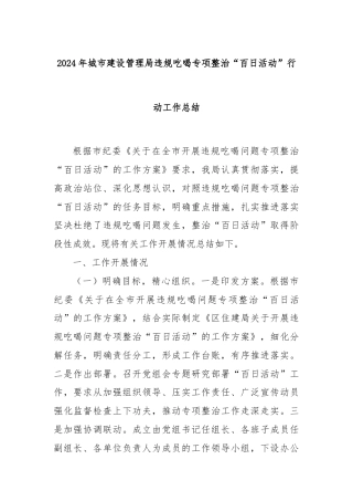 2024年城市建设管理局违规吃喝专项整治“百日活动”行动工作总结