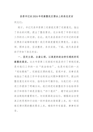 县委书记在2024年巡察整改反馈会上的表态发言