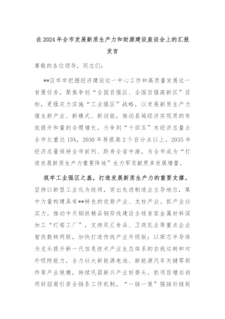 在2024年全市发展新质生产力和财源建设座谈会上的汇报发言