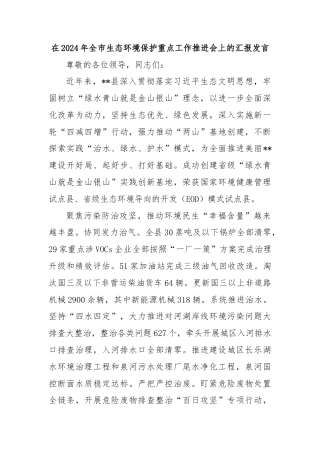 在2024年全市生态环境保护重点工作推进会上的汇报发言