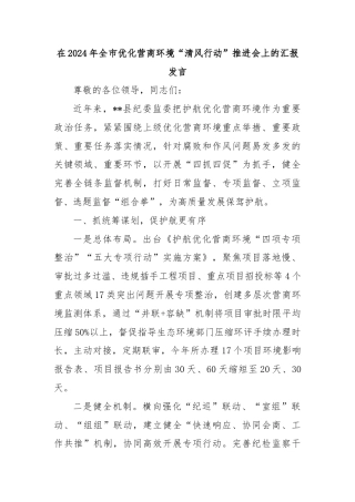 在2024年全市优化营商环境“清风行动”推进会上的汇报发言