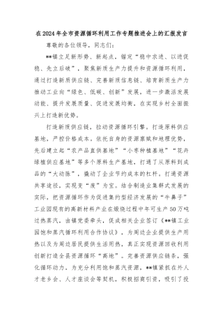 在2024年全市资源循环利用工作专题推进会上的汇报发言