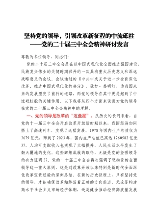 坚持党的领导，引领改革新征程的中流砥柱——党的二十届三中全会精神研讨发言