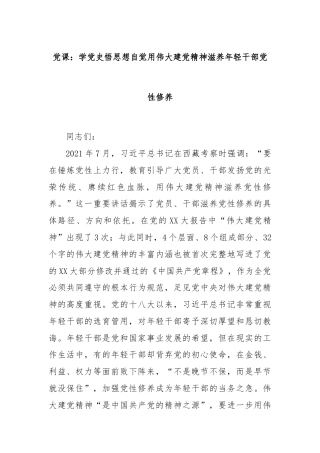 党课：学党史悟思想自觉用伟大建党精神滋养年轻干部党性修养