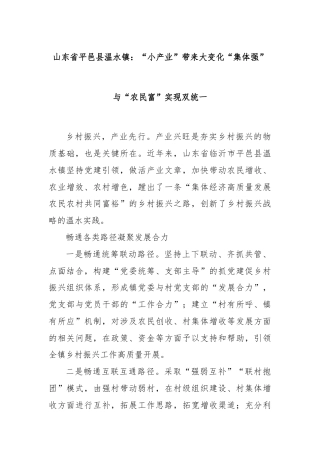 山东省平邑县温水镇：“小产业”带来大变化“集体强”与“农民富”实现双统一