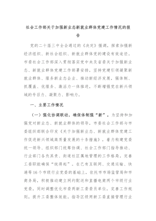 社会工作部关于加强新业态新就业群体党建工作情况的报告