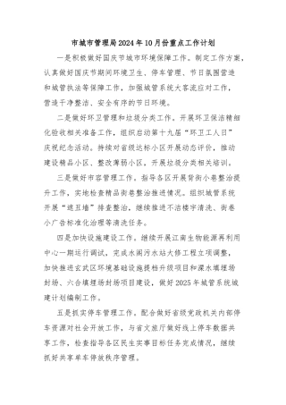 市城市管理局2024年10月份重点工作计划
