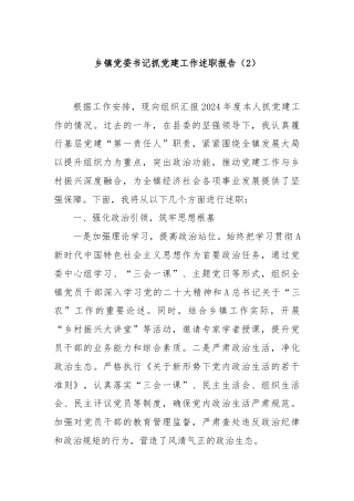 乡镇党委书记抓党建工作述职报告（2）