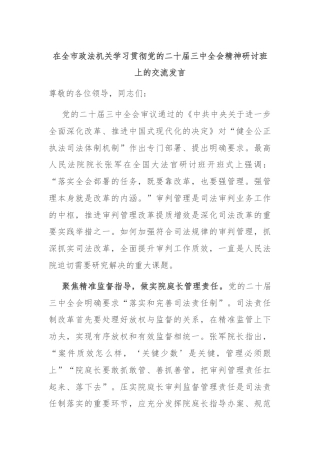 在全市政法机关学习贯彻党的二十届三中全会精神研讨班上的交流发言